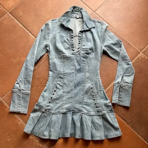 I.AM.GIA Molly Fitted Denim Mini Dress with Drop Waist and Chunky Pleats size L - Picture 11 of 13